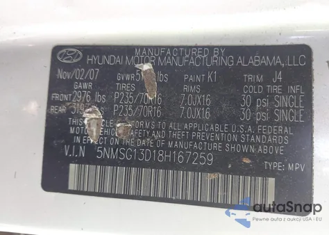 2008 Hyundai Santa Fe Gls z USA, uszkodzony, nr VIN 5NMSG13D18H167259